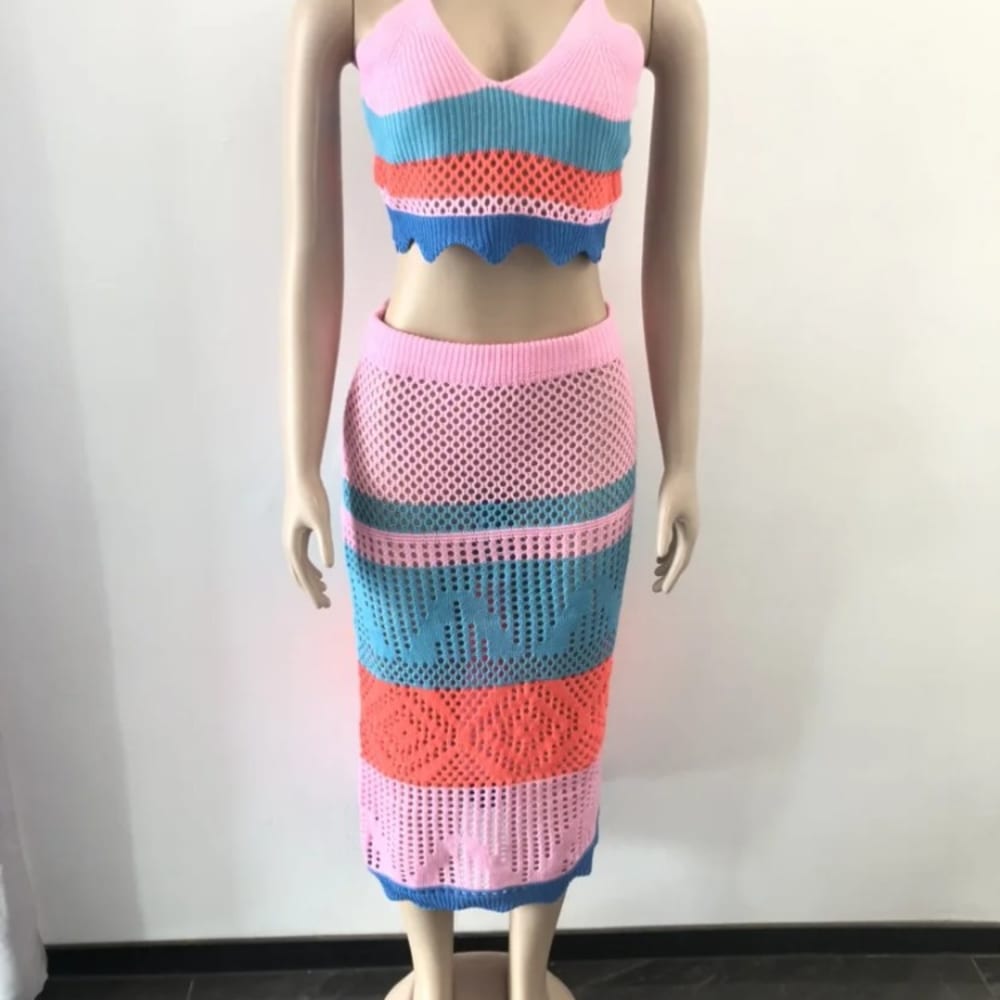 2024 Summer Beach Knit Rib 2 Piece Set Color Block Crop Top 